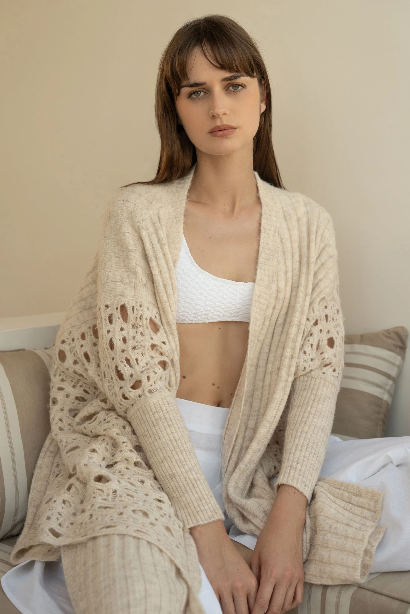 BEIGE PEARL LONG OPENWORK CARDIGAN
