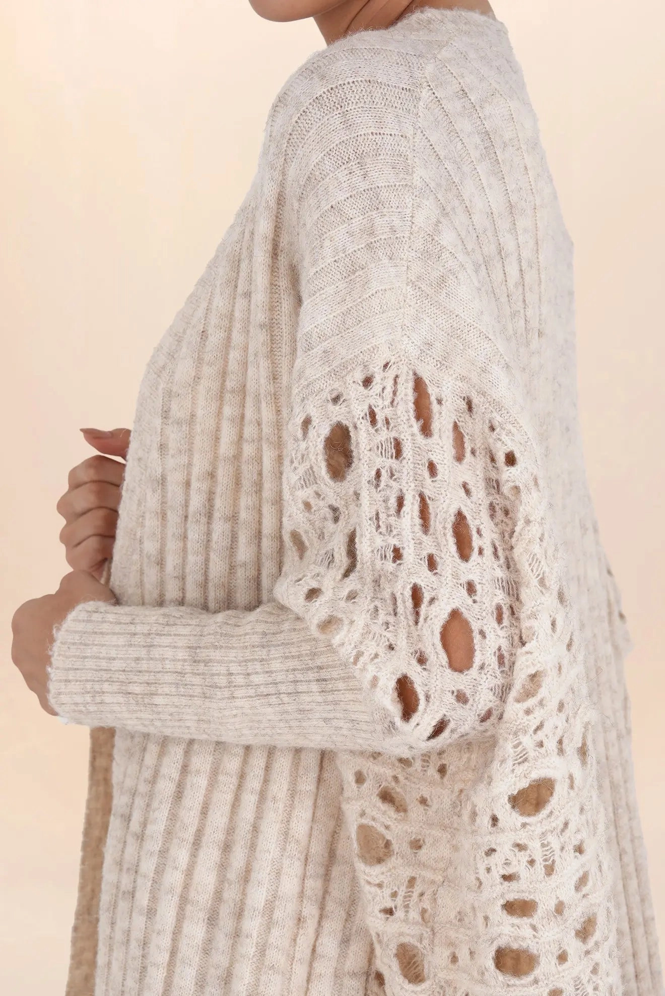 BEIGE PEARL LONG OPENWORK CARDIGAN