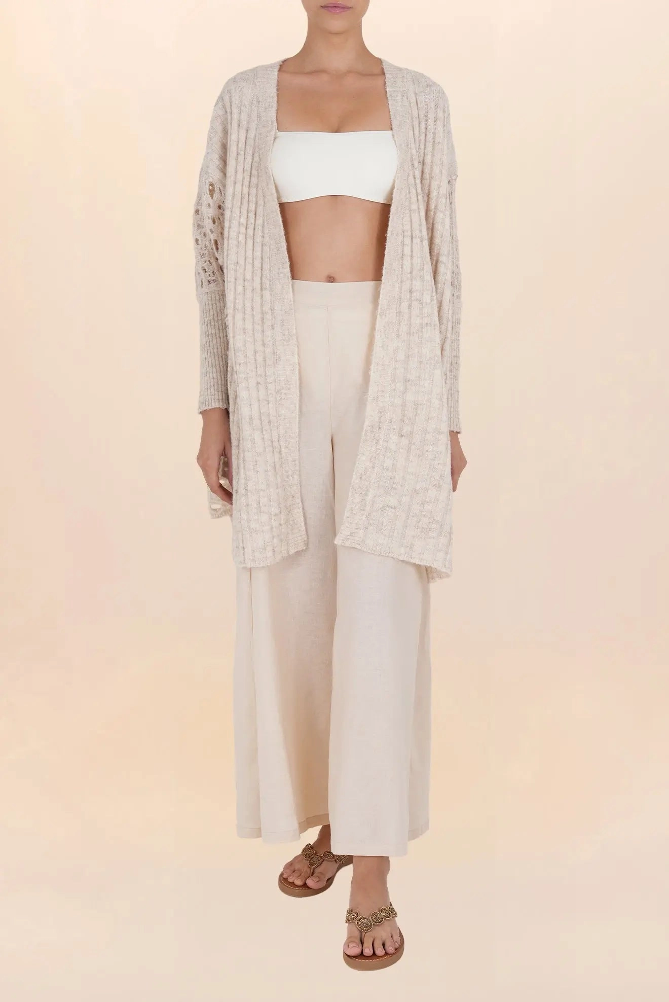 BEIGE PEARL LONG OPENWORK CARDIGAN