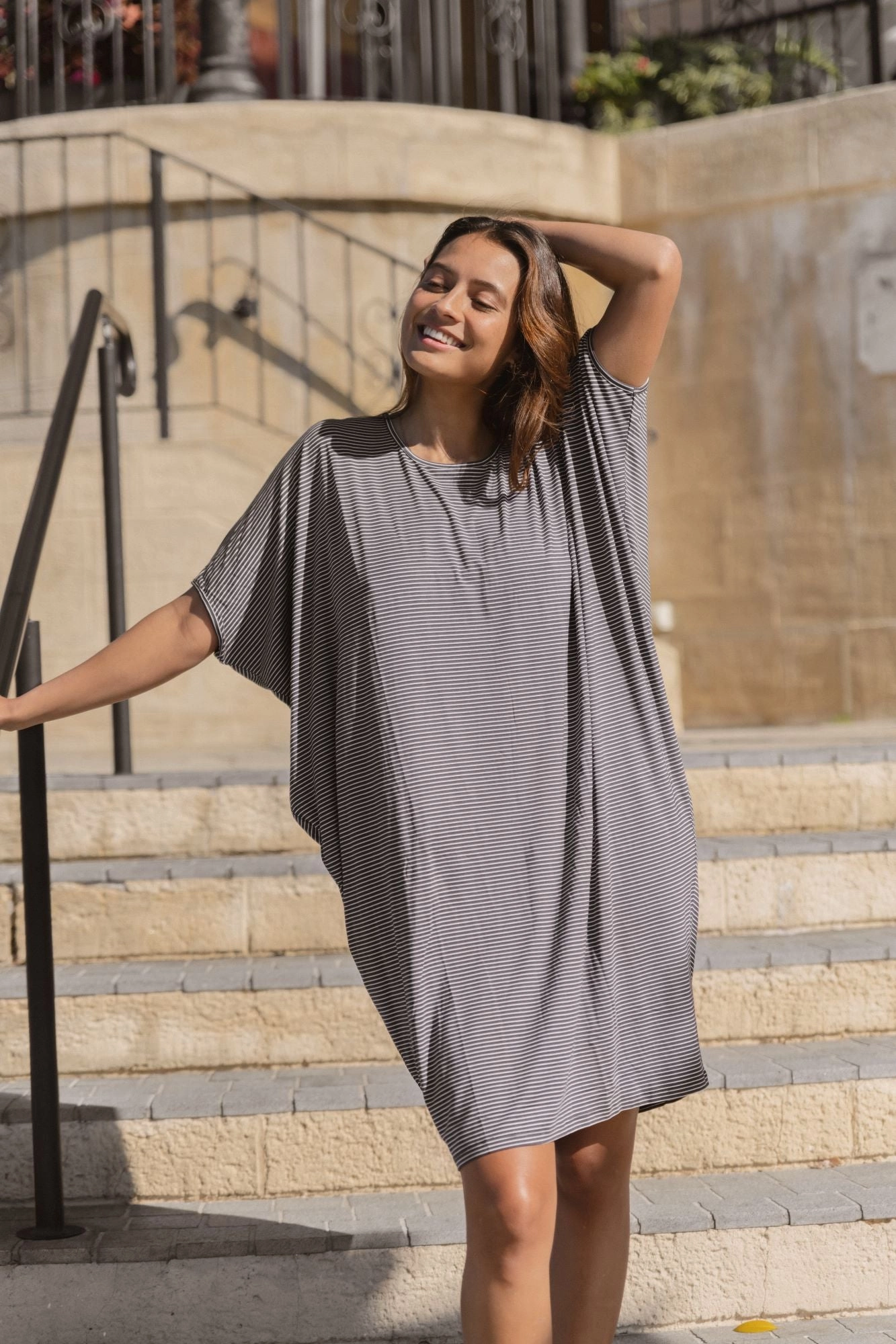 Betty Basics Maui Dress Charcoal Stripe