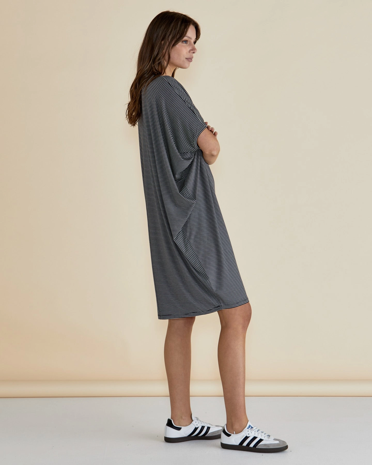 Betty Basics Maui Dress Charcoal Stripe