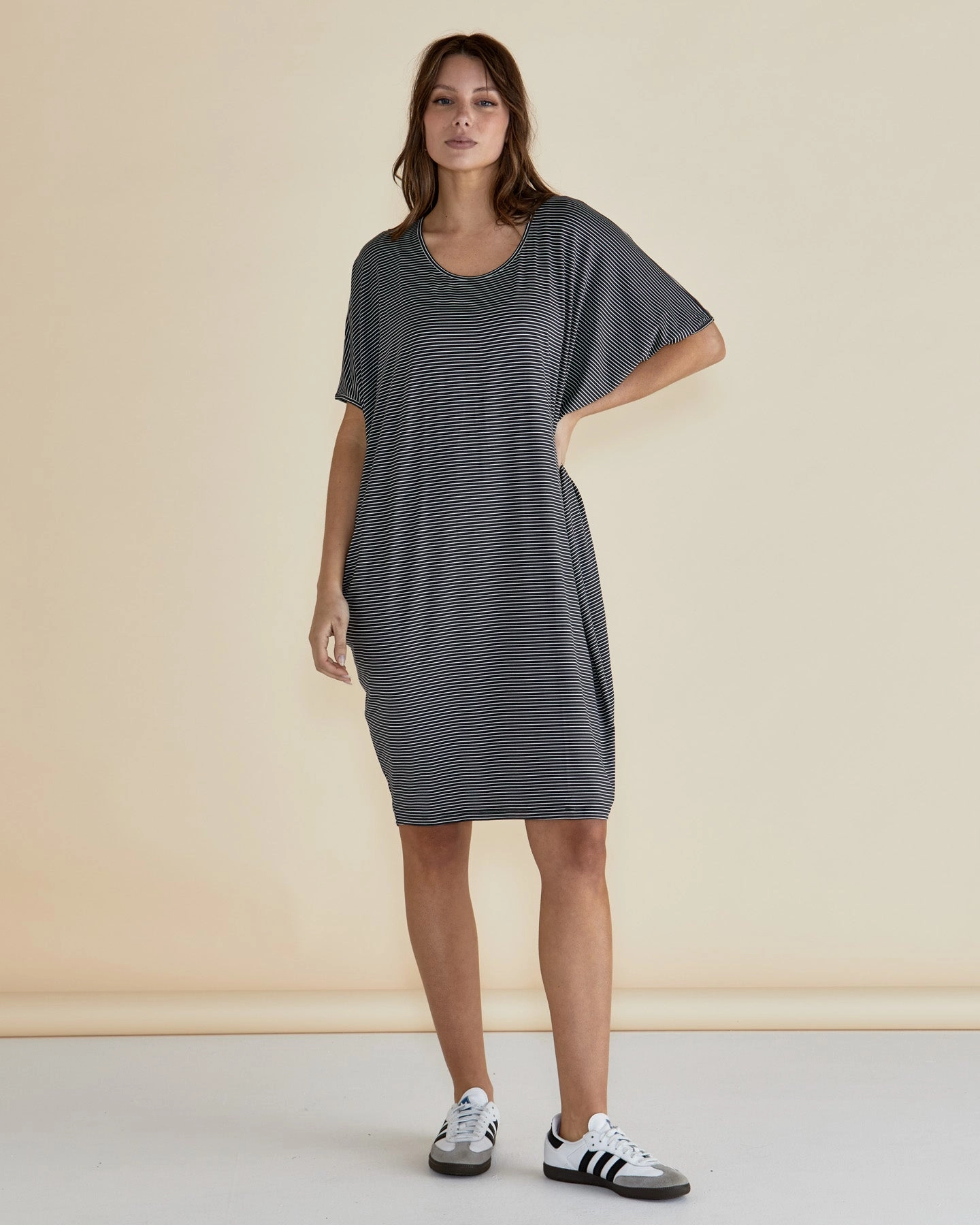 Betty Basics Maui Dress Charcoal Stripe