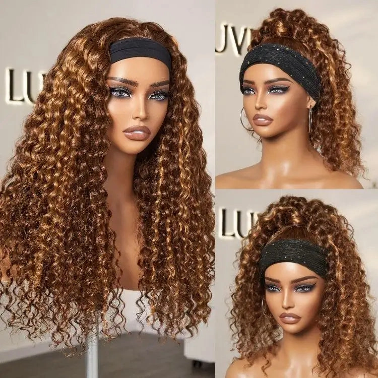 Black / Brown Highlight Deep Wave Headband Wig (Get Free Trendy Headbands)