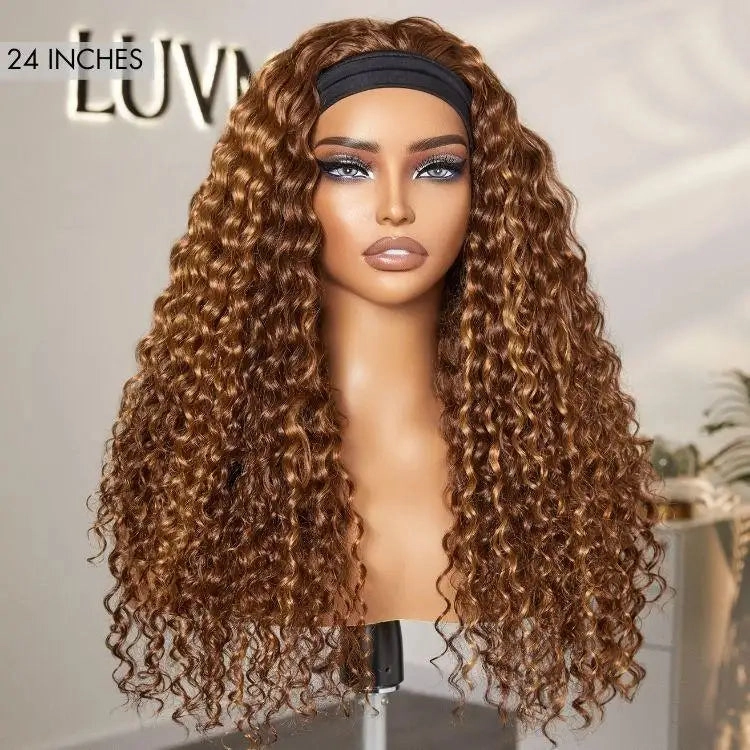 Black / Brown Highlight Deep Wave Headband Wig (Get Free Trendy Headbands)