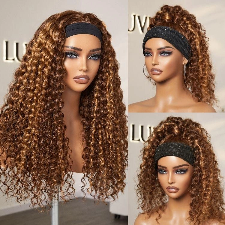 Black / Brown Highlight Deep Wave Headband Wig (Get Free Trendy Headbands)