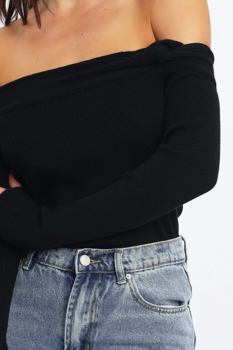Black Knit Top Long Sleeve Off Shoulder