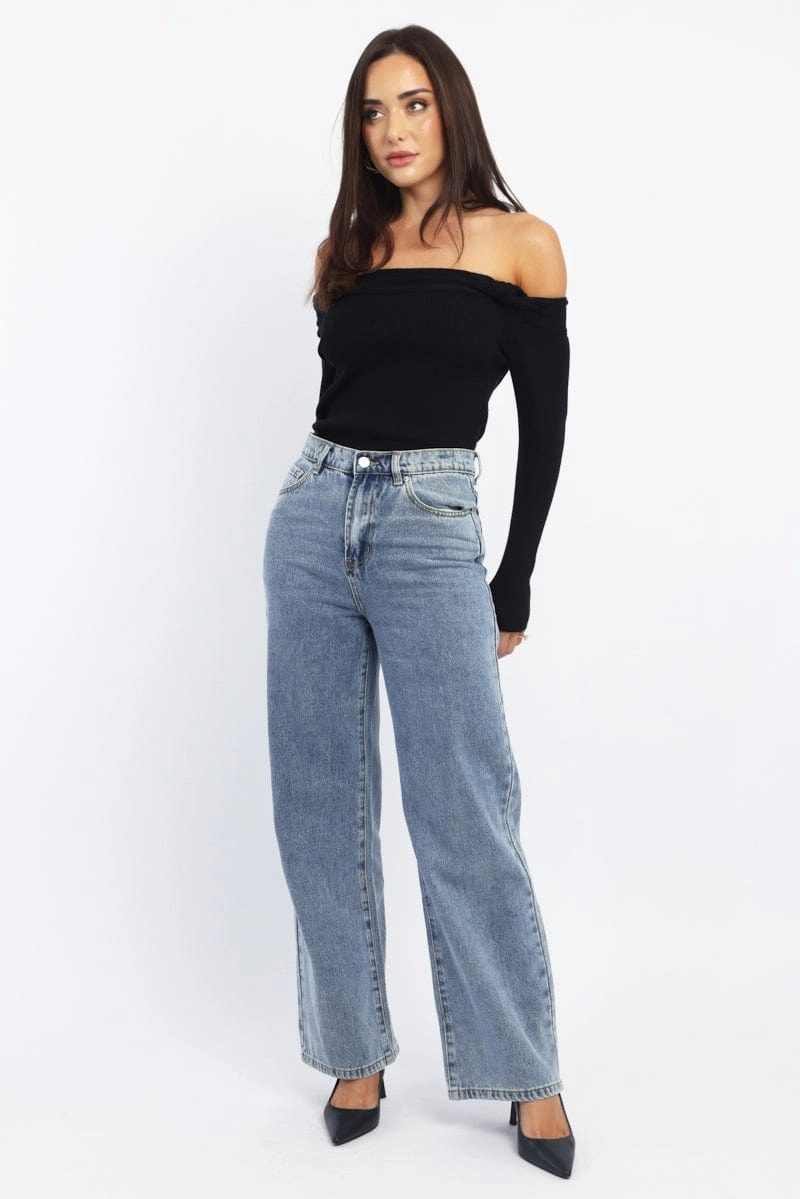 Black Knit Top Long Sleeve Off Shoulder