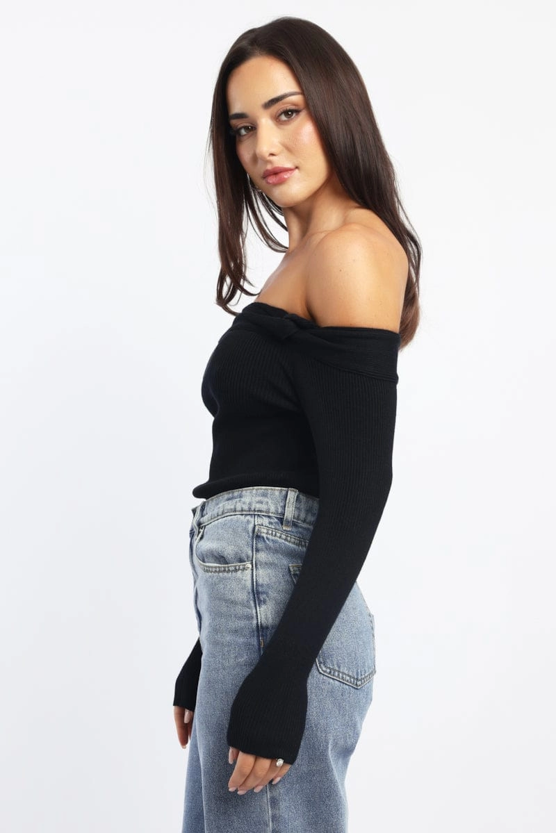 Black Knit Top Long Sleeve Off Shoulder