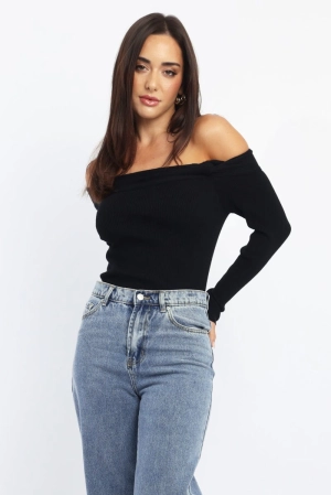 Black Knit Top Long Sleeve Off Shoulder