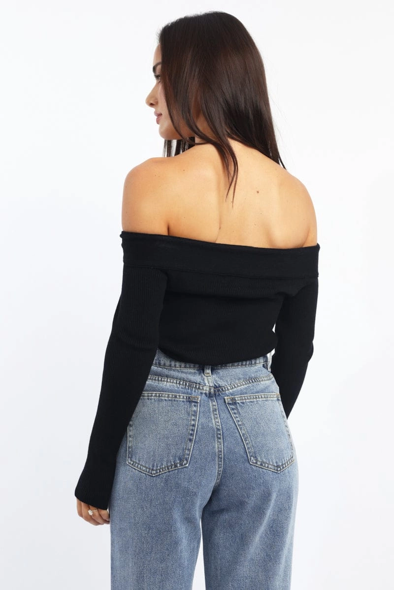 Black Knit Top Long Sleeve Off Shoulder