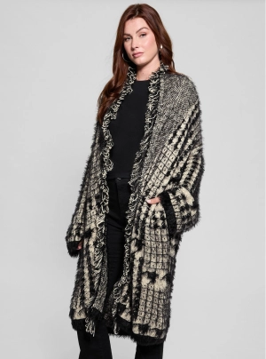 Black Print Fringed Patchwork Cardigan