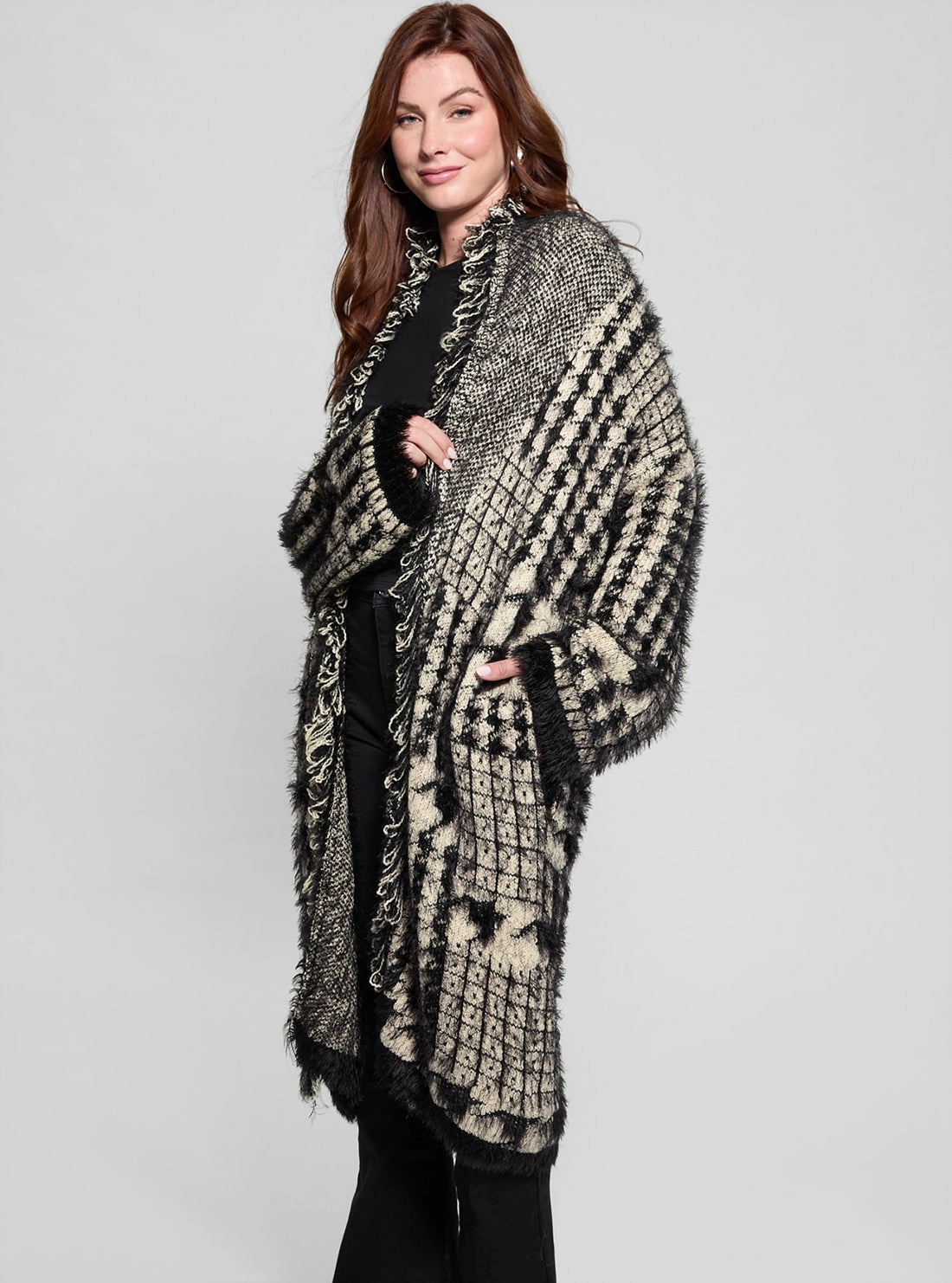 Black Print Fringed Patchwork Cardigan