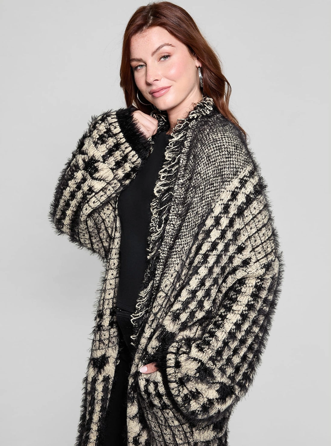 Black Print Fringed Patchwork Cardigan