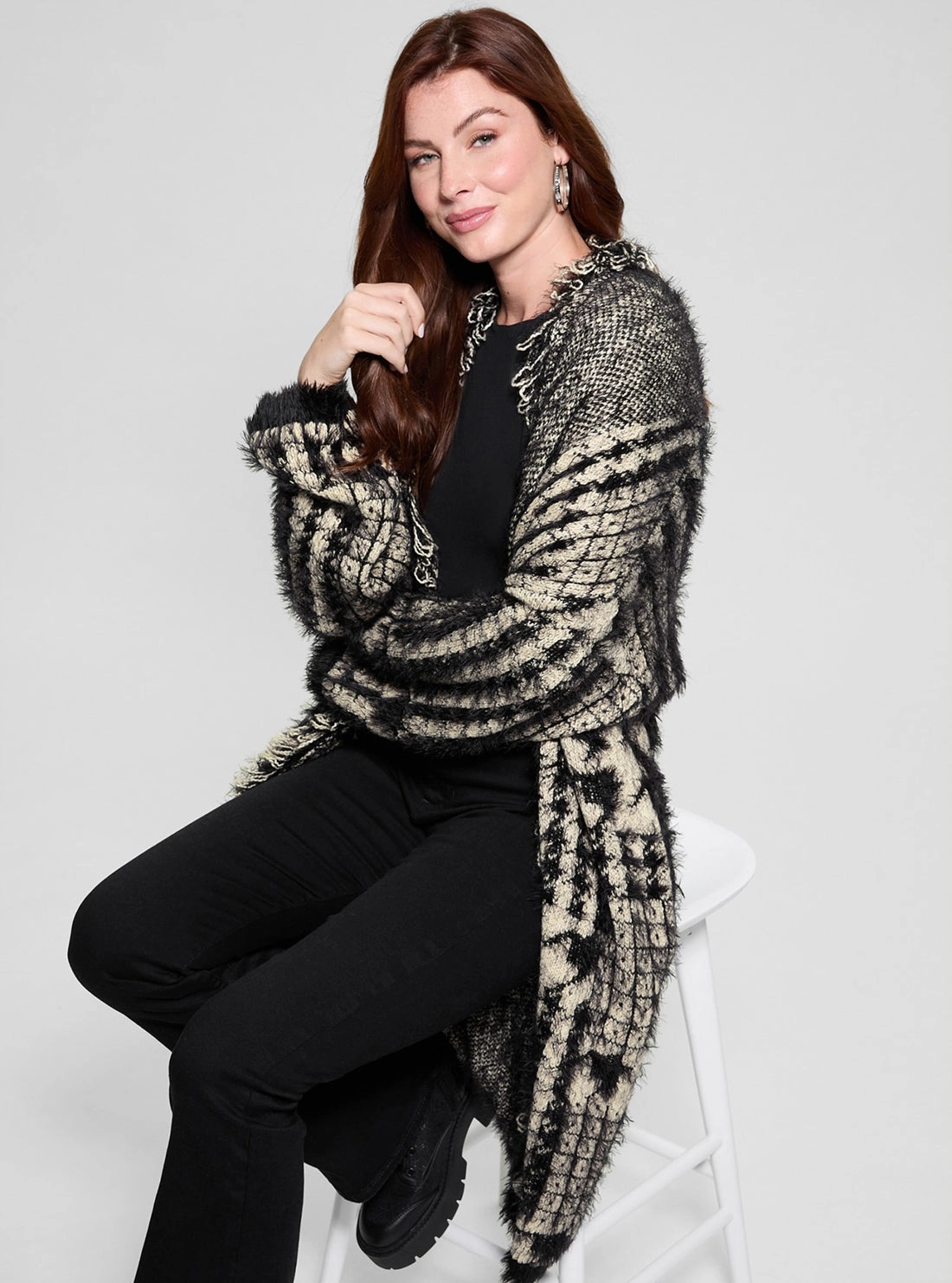 Black Print Fringed Patchwork Cardigan