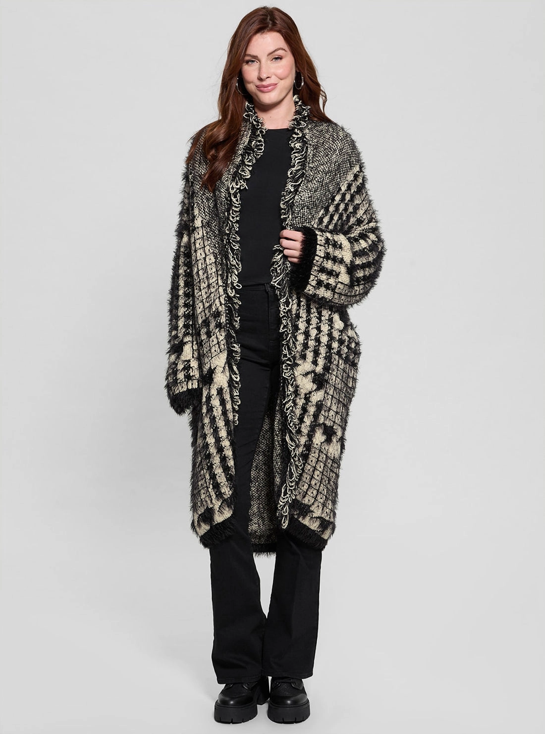 Black Print Fringed Patchwork Cardigan