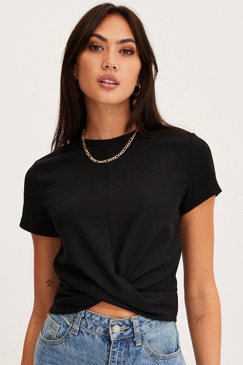 Black Twist Top Short Sleeve Crew Neck