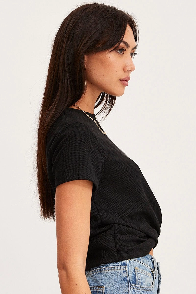Black Twist Top Short Sleeve Crew Neck