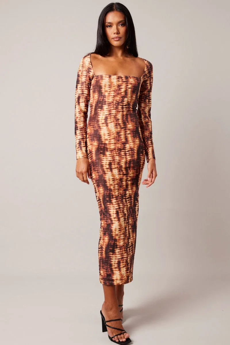 Brown Abstract Bodycon Dress Long Sleeve Square Neck Mesh
