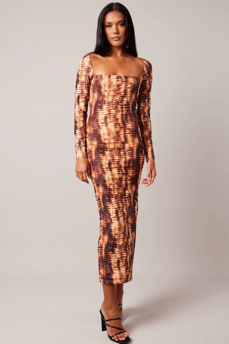 Brown Abstract Bodycon Dress Long Sleeve Square Neck Mesh