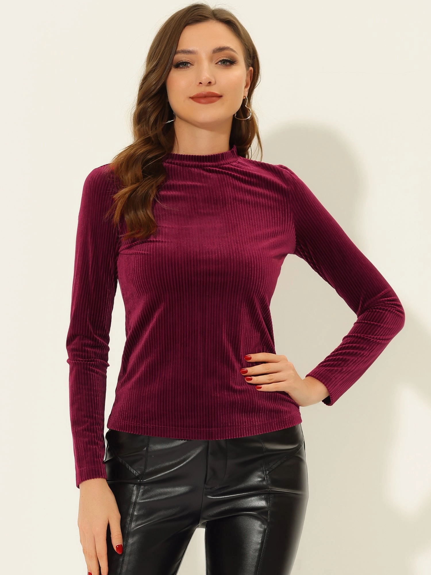 Casual Velvet Mock Neck Long Sleeve Rib Knit Velour Blouse