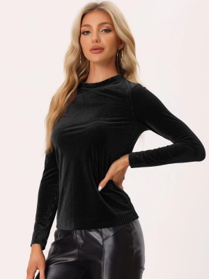 Casual Velvet Mock Neck Long Sleeve Rib Knit Velour Blouse