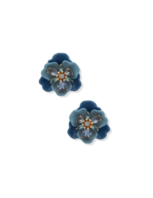 Clipped Flower Button Earring - Blue Multi