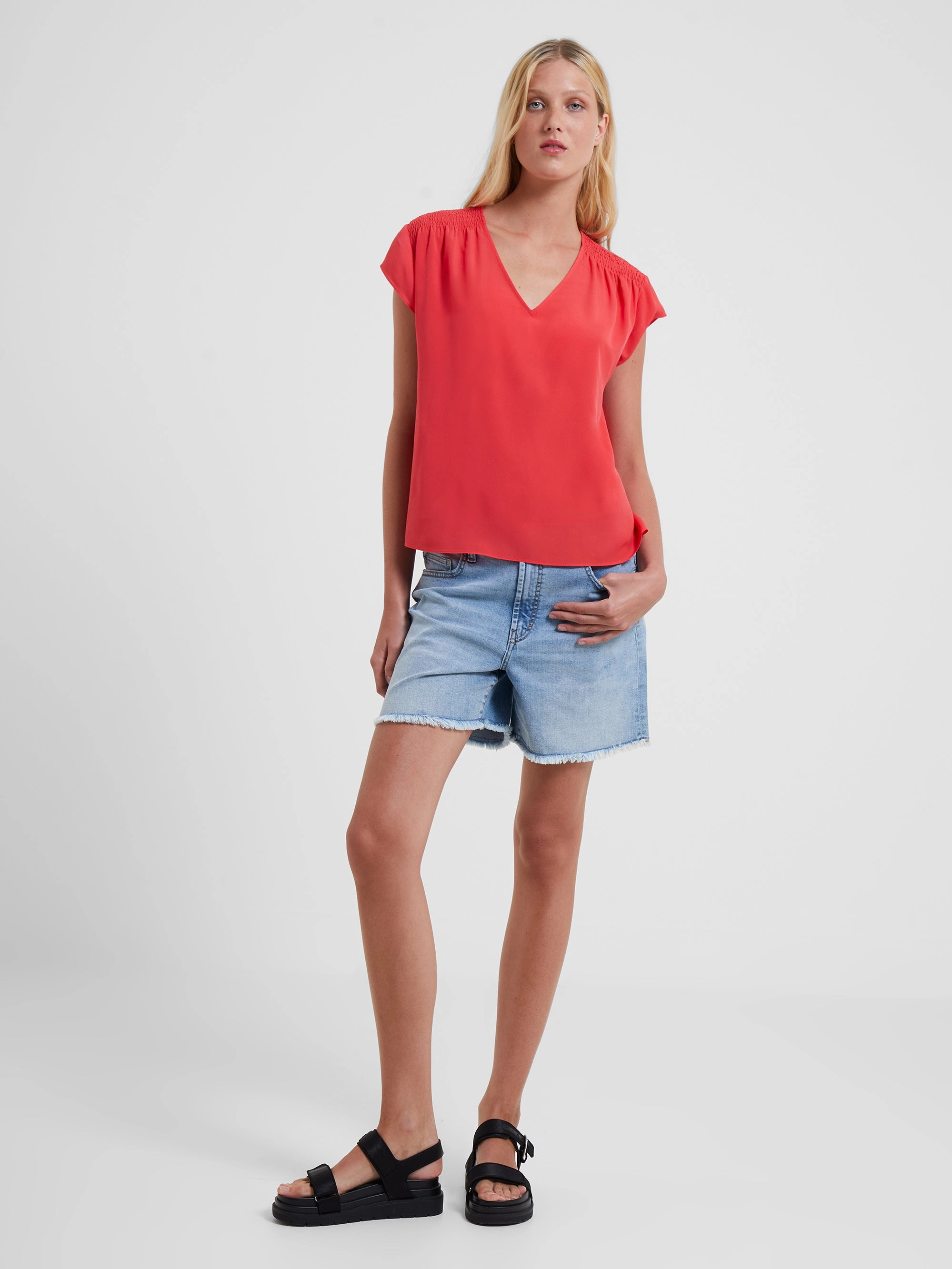 Crepe Light Smocked Shoulder V-Neck Top