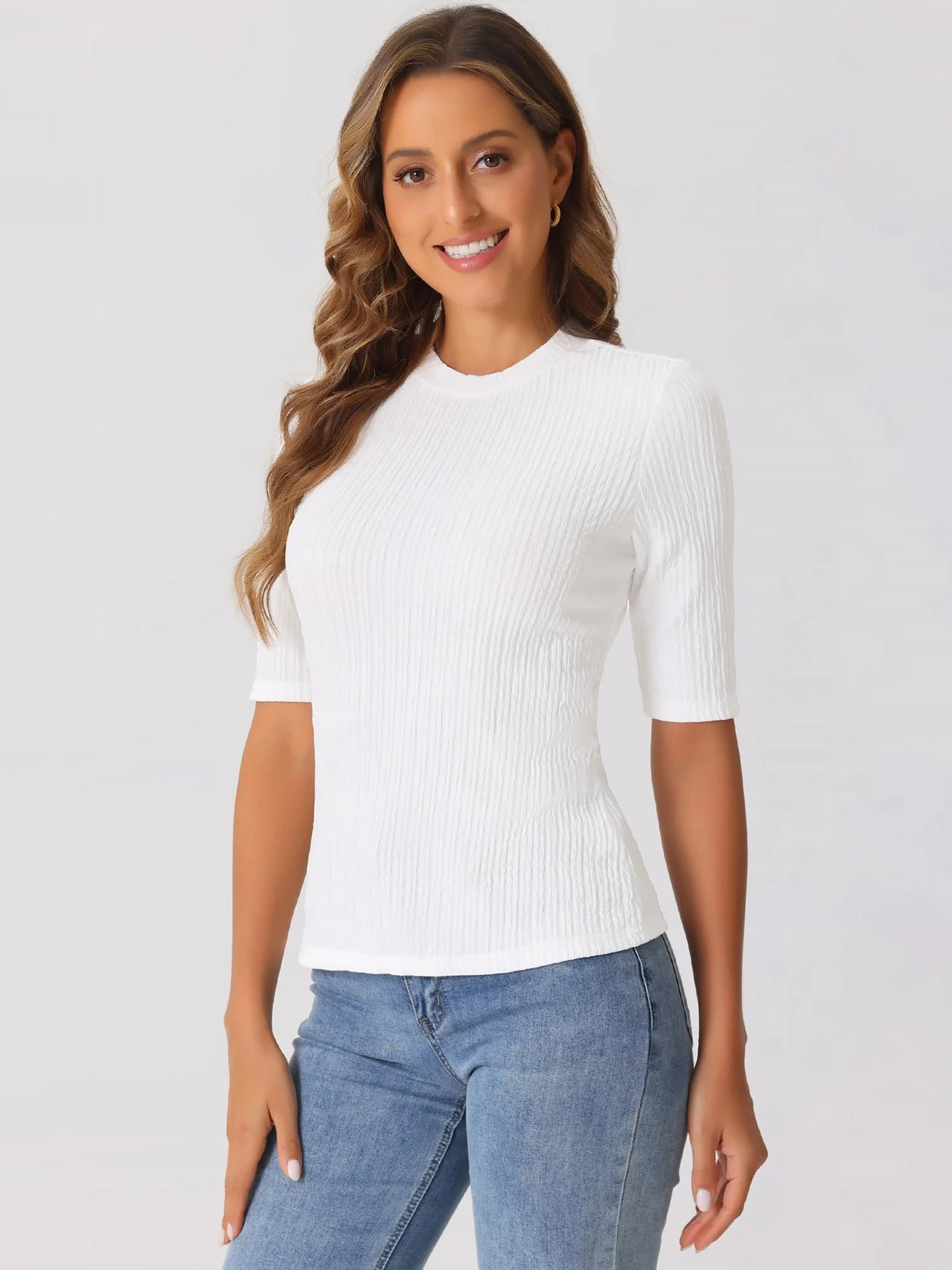 Crew Neck Short Sleeve Textured Basic Casual Blouse