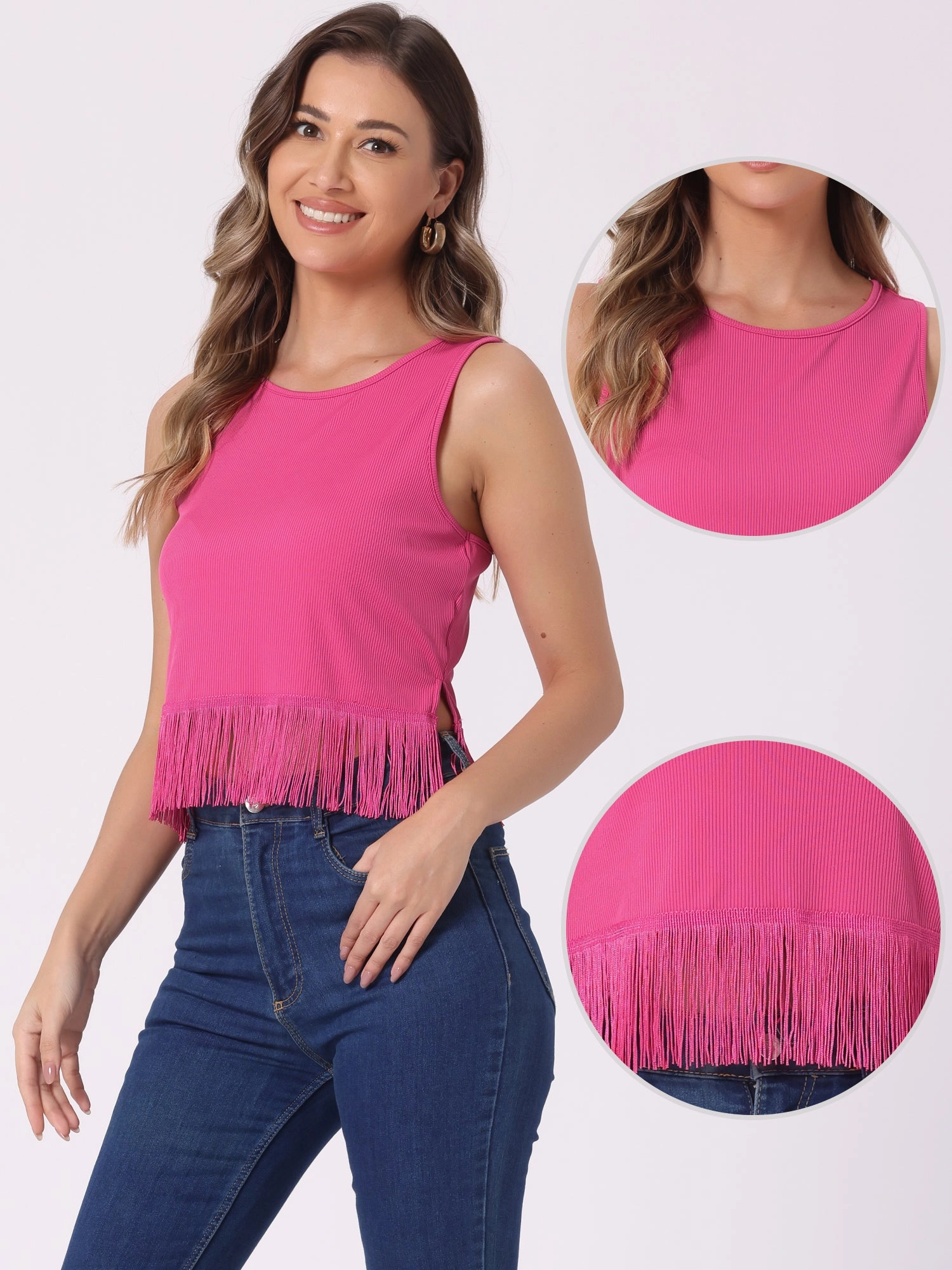 Crew Neck Sleeveless Crop Tassel Trim Ribbed Knit Tank