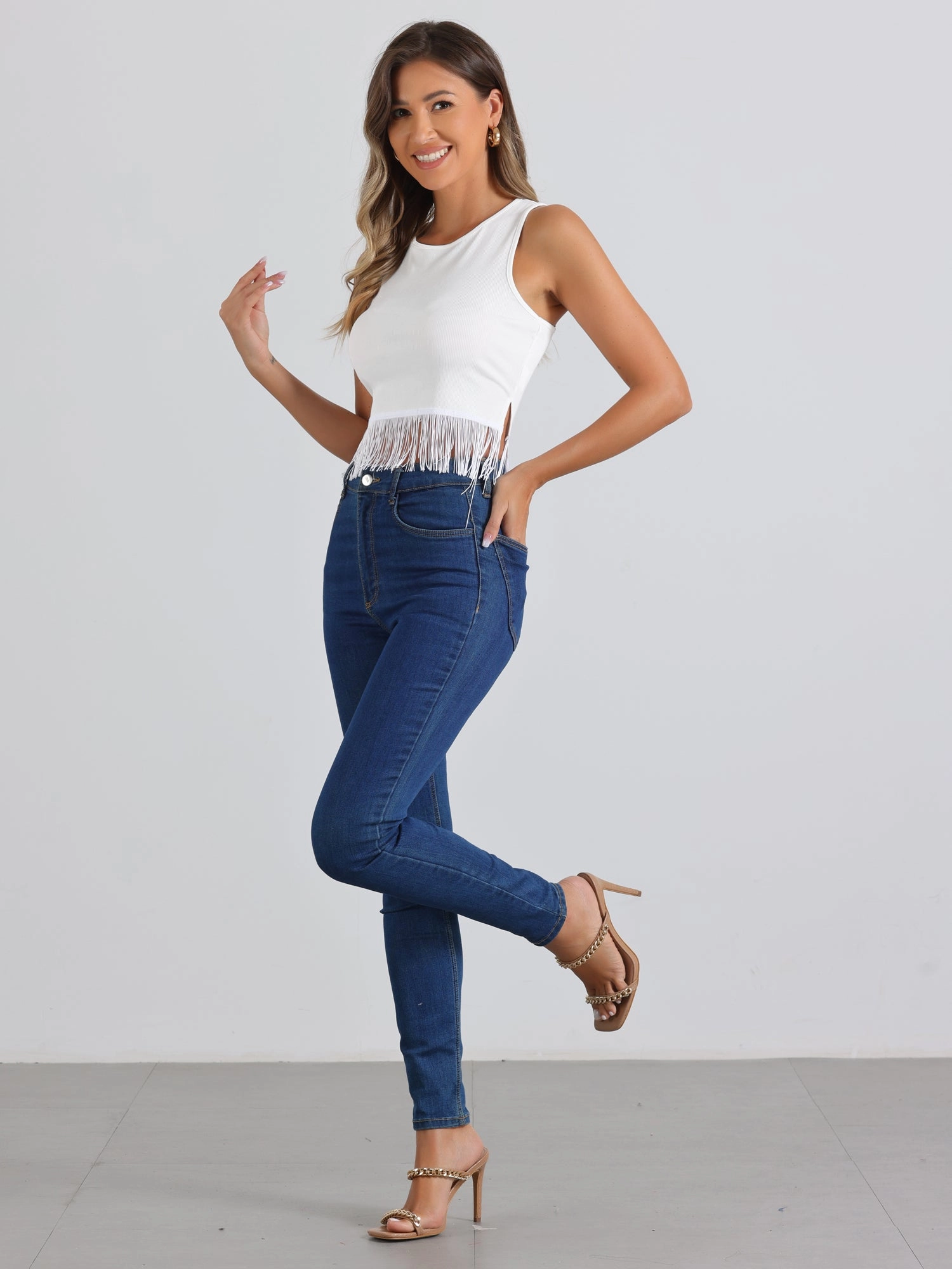 Crew Neck Sleeveless Crop Tassel Trim Ribbed Knit Tank