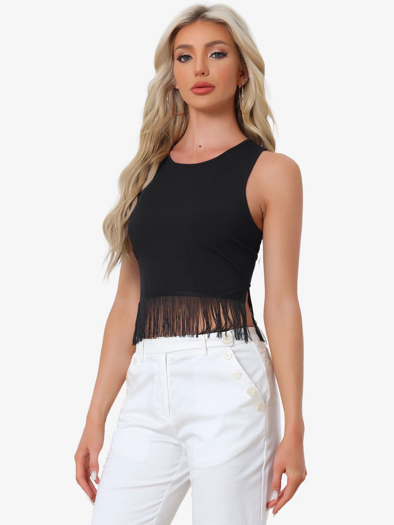 Crew Neck Sleeveless Crop Tassel Trim Ribbed Knit Tank