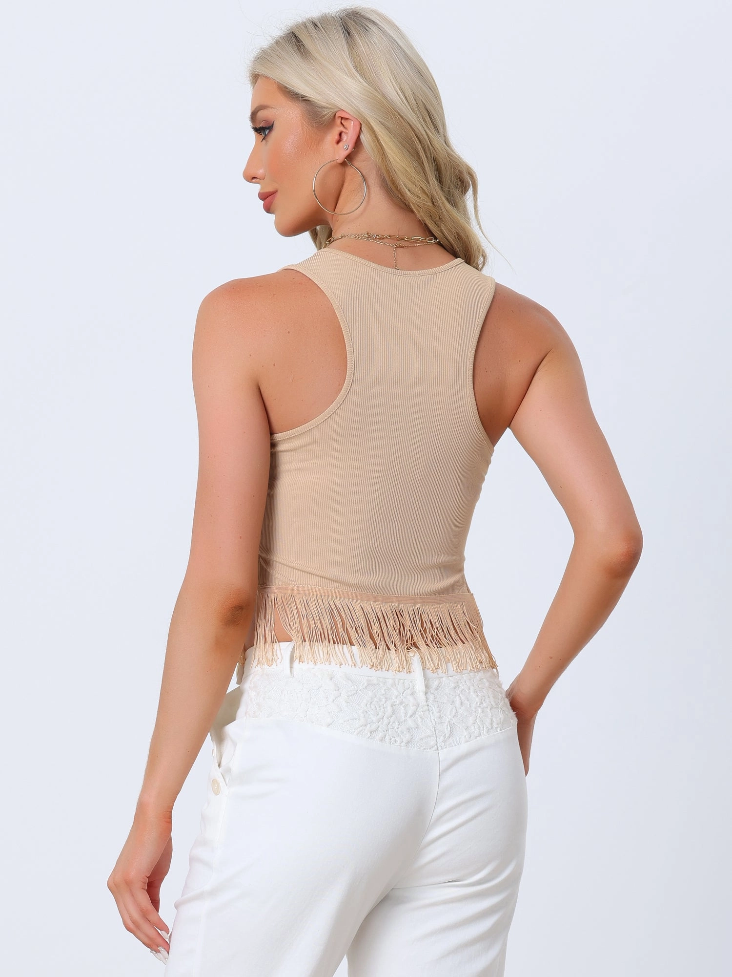 Crew Neck Sleeveless Crop Tassel Trim Ribbed Knit Tank