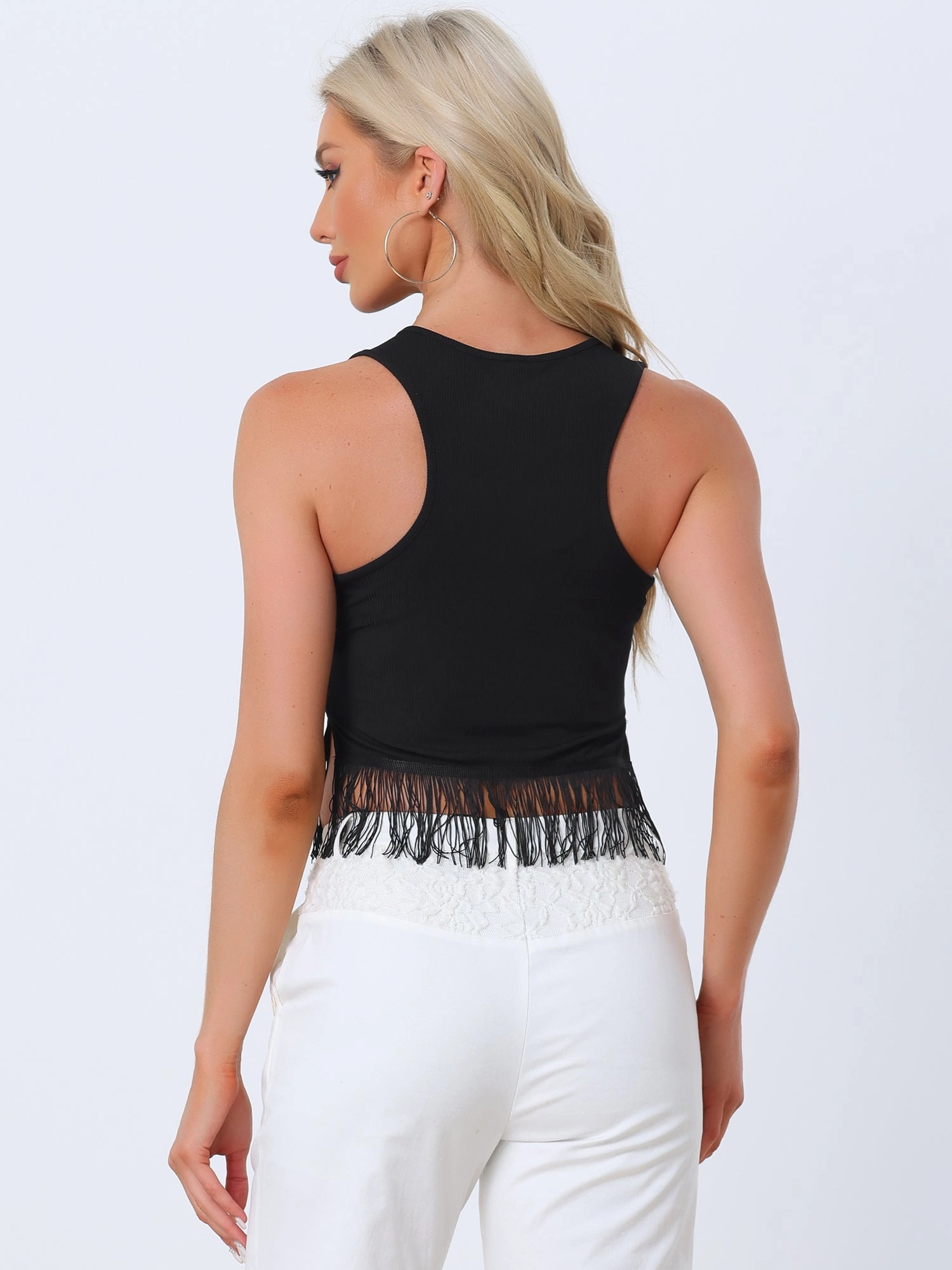 Crew Neck Sleeveless Crop Tassel Trim Ribbed Knit Tank