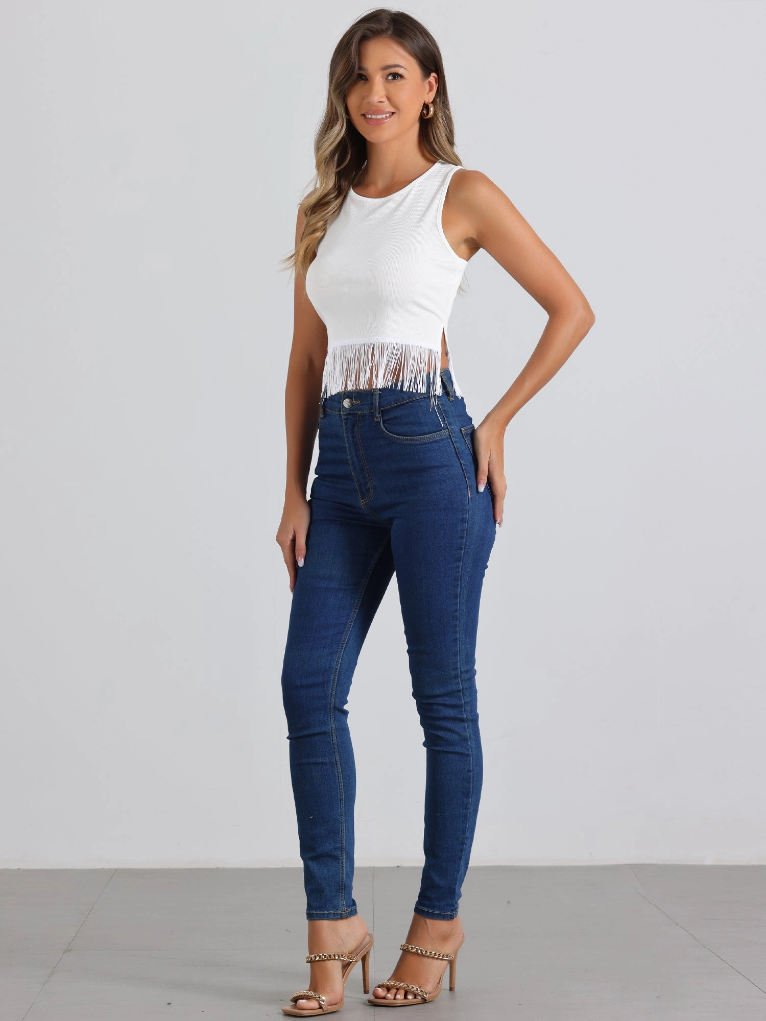 Crew Neck Sleeveless Crop Tassel Trim Ribbed Knit Tank