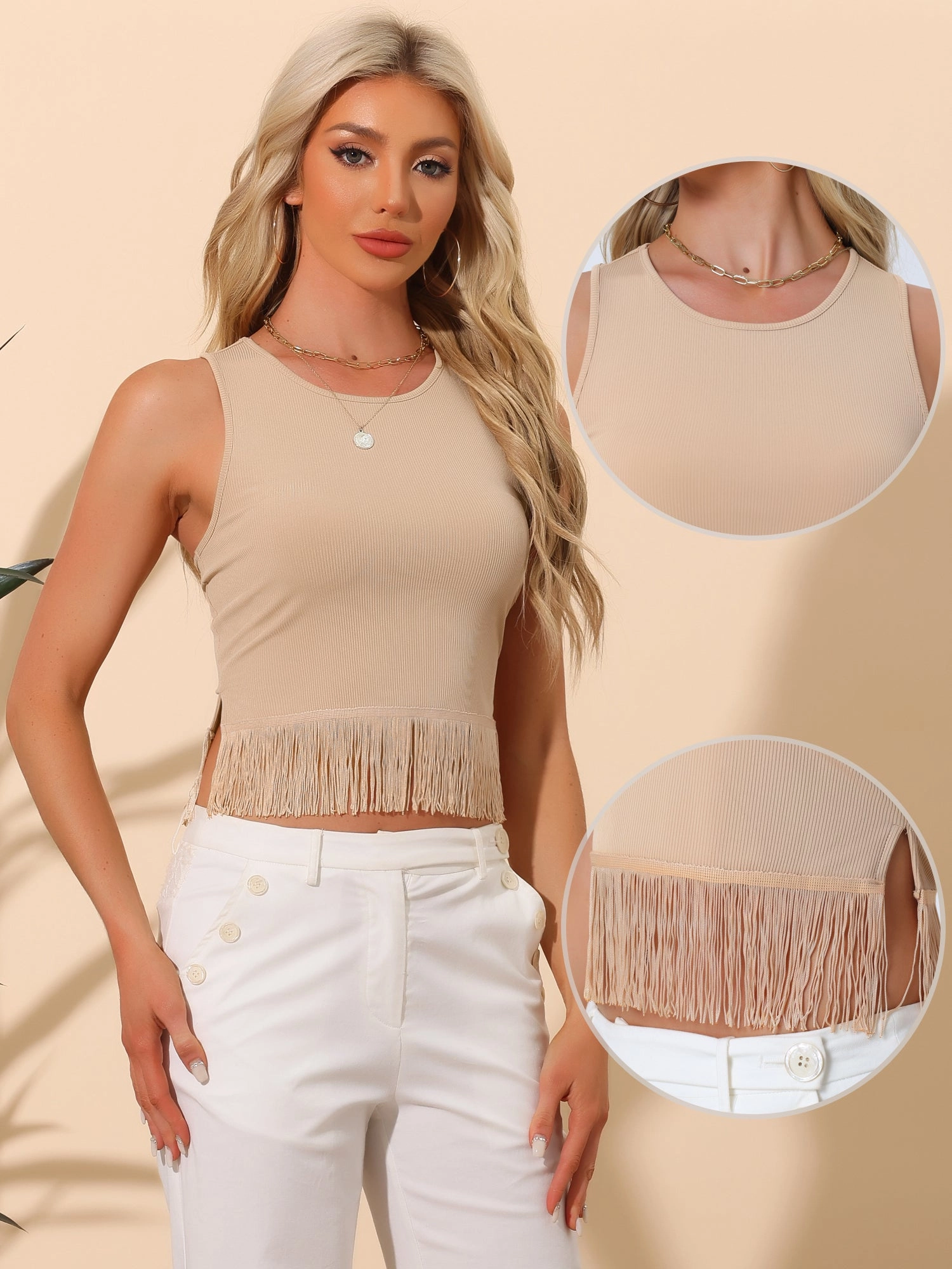 Crew Neck Sleeveless Crop Tassel Trim Ribbed Knit Tank
