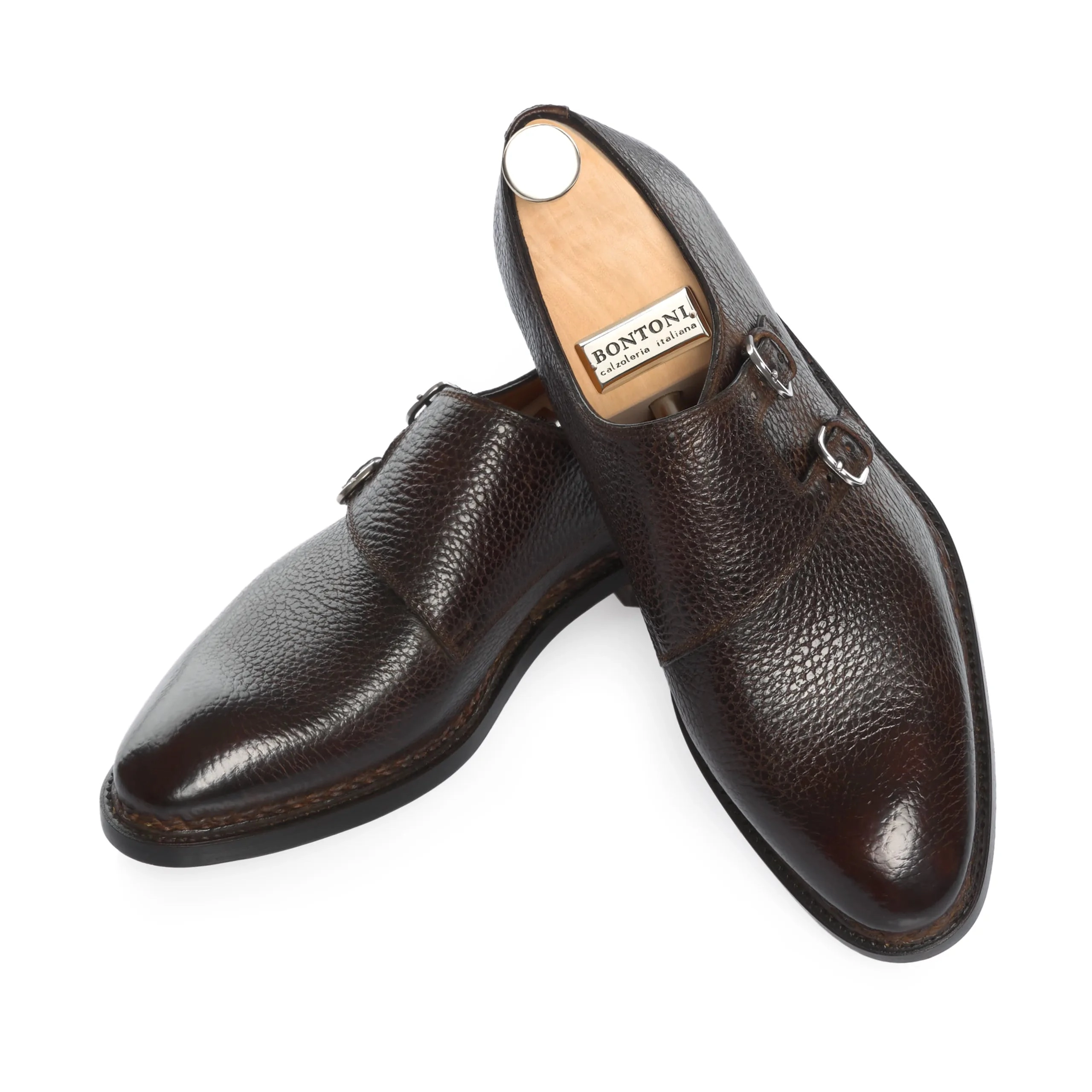 «Diamante» Double-Monk Leather Shoes in Chocolate Brown