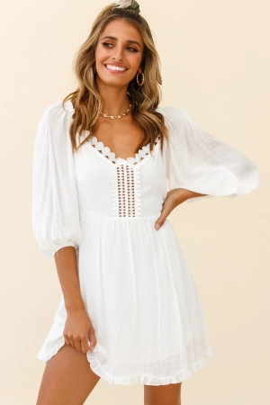 Dream Lover Puff Sleeve Crochet Insert Dress White