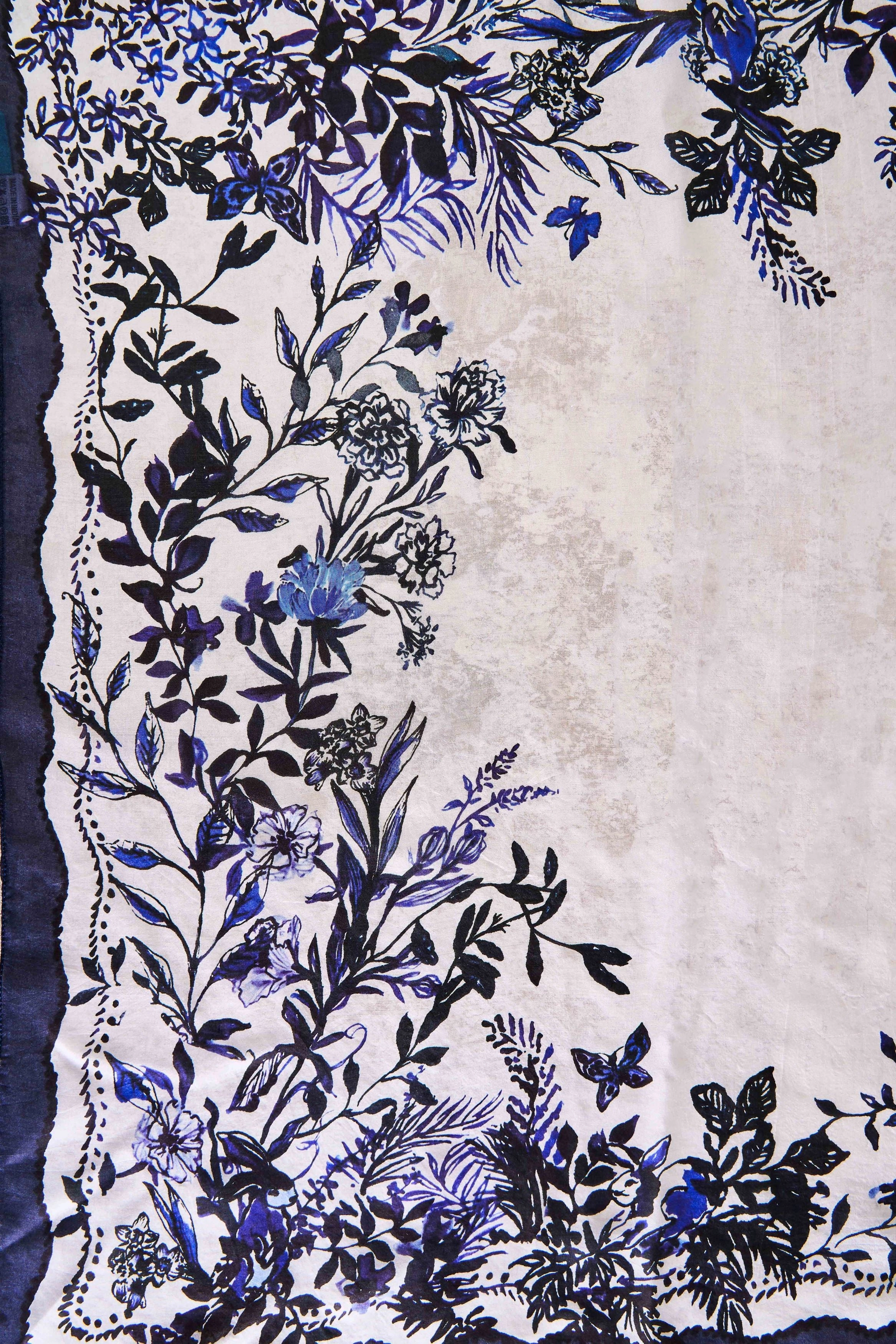 Floral Border Silk Scarf - Navy & White