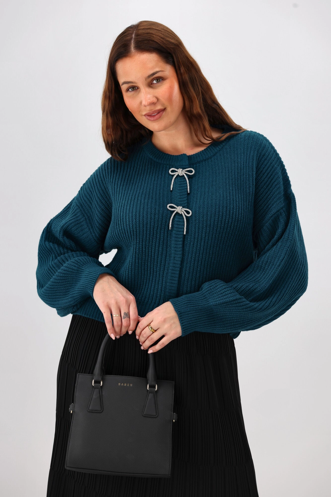 Gloss The Label Delilah Bow Cardigan Petrol