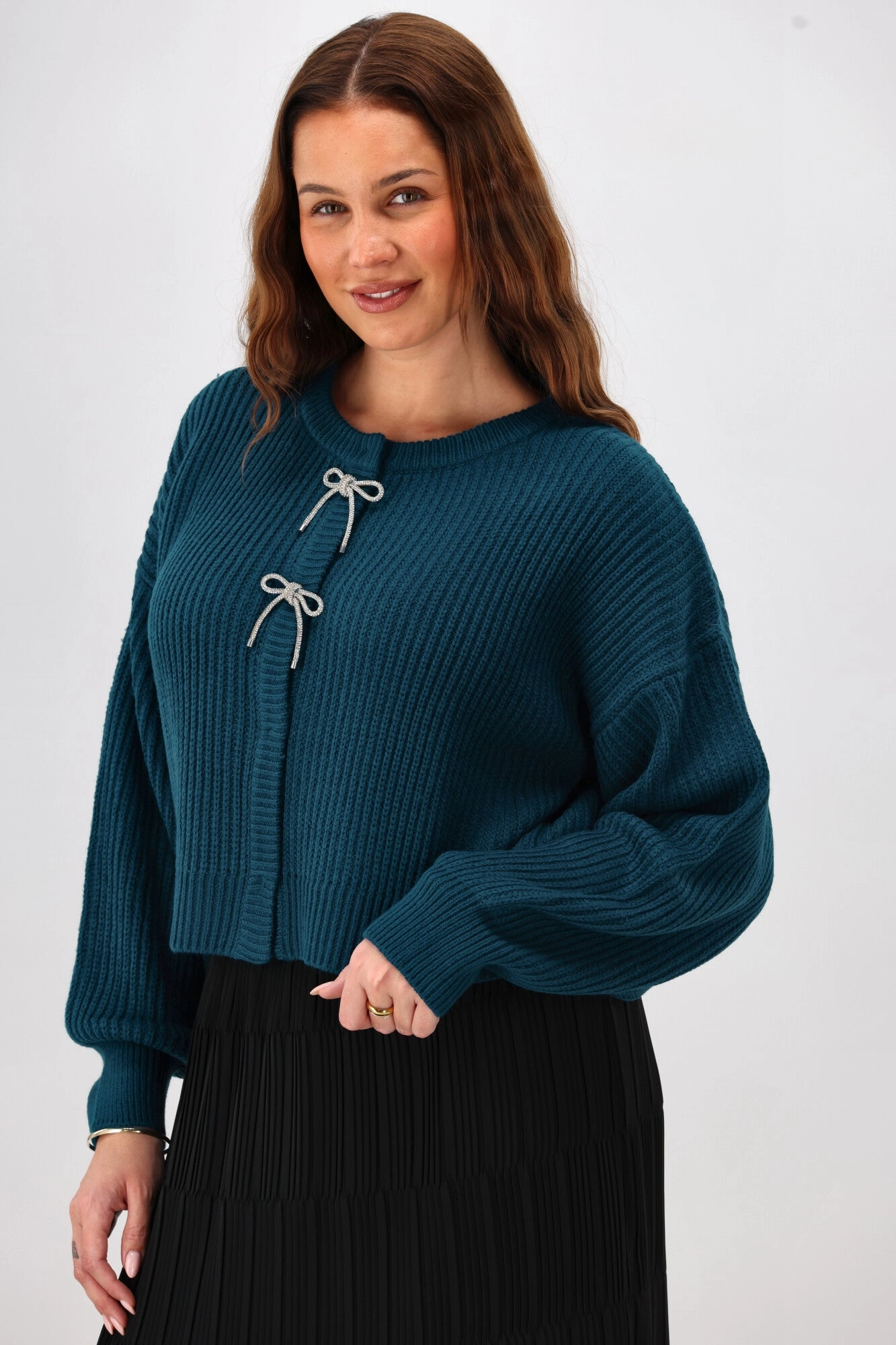Gloss The Label Delilah Bow Cardigan Petrol