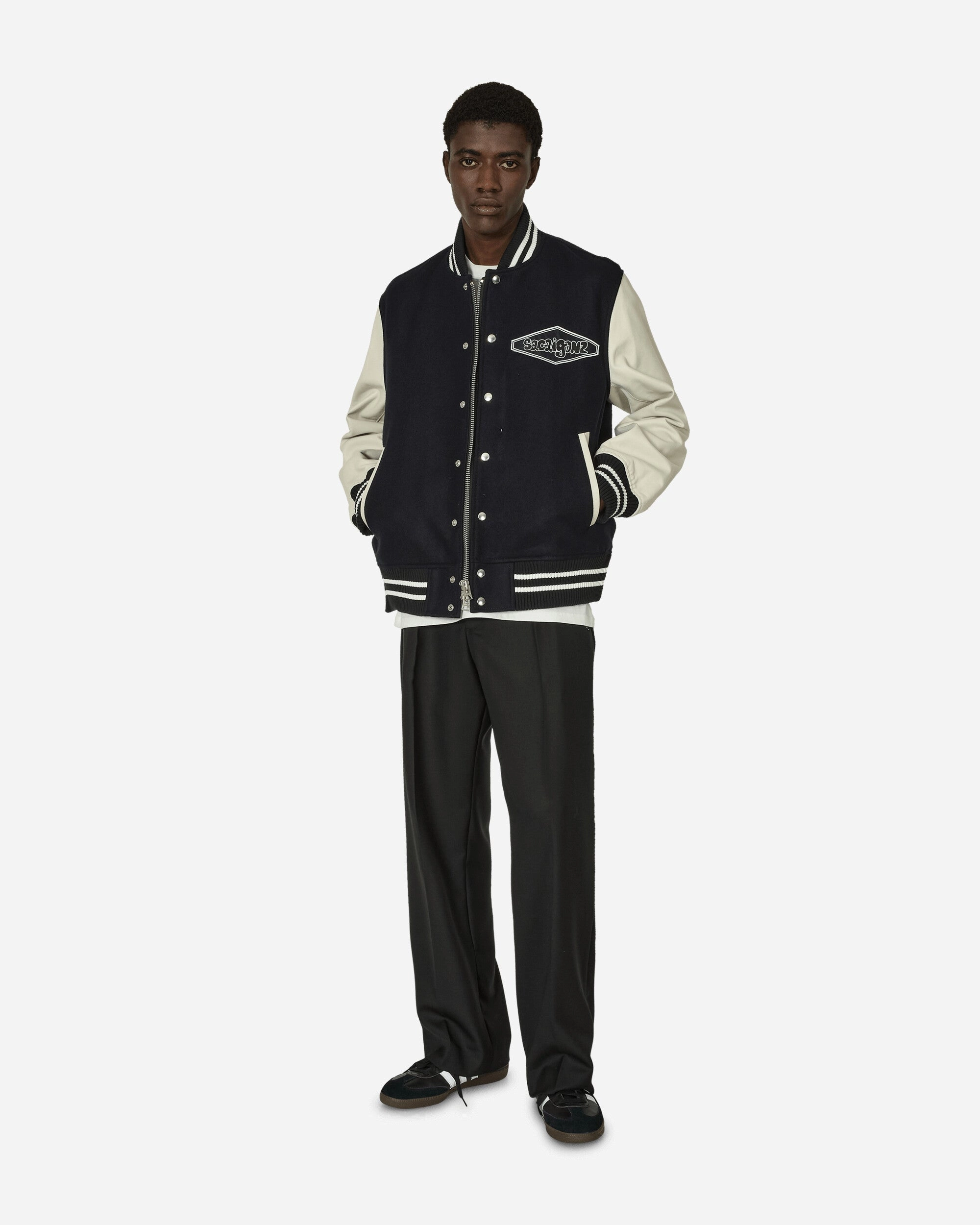Gonz Wool Melton x Leather Jacket Navy / Off White