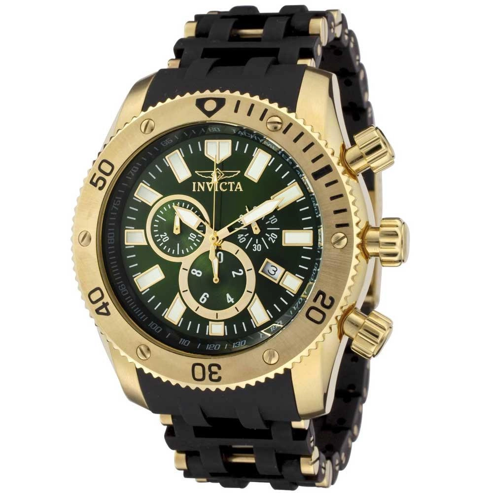 Invicta 0141 Men's Spider Collection Gold Tone Olive Green Dial Rubber Strap Chronograph Watch