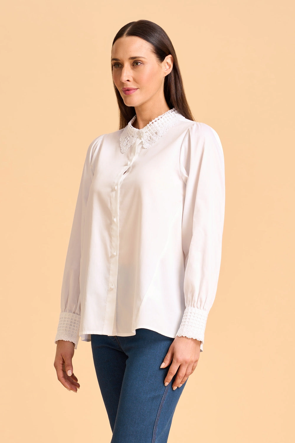 Lace Trim Cotton Shirt - White