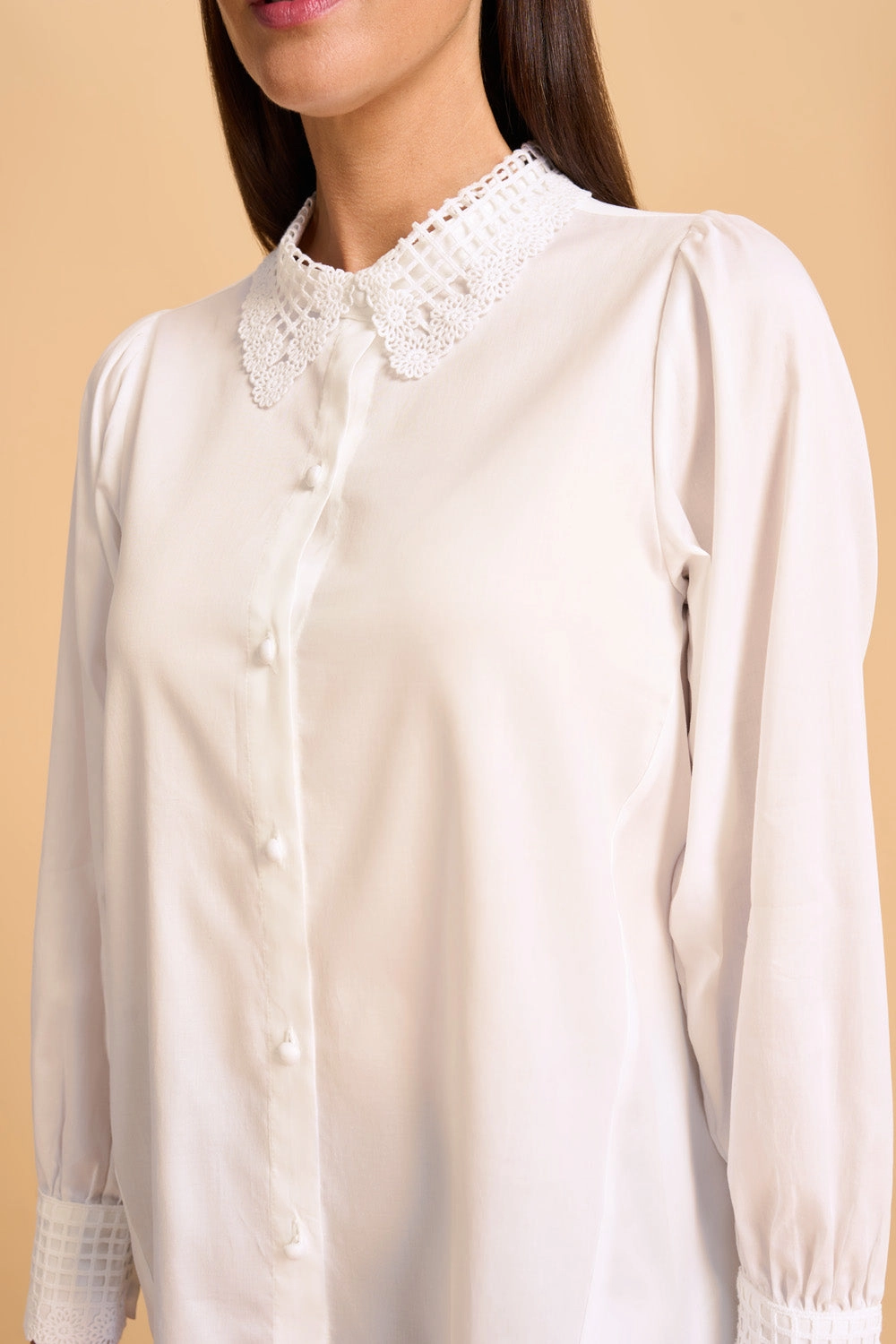 Lace Trim Cotton Shirt - White