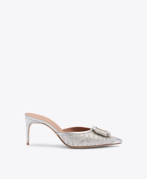 Mona 70 Silver Metallic Raffia Mules
