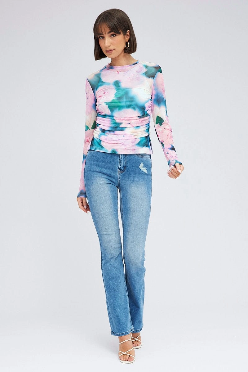 Pink Abstract Top Long Sleeve Crew Neck Longline Ruched Mesh