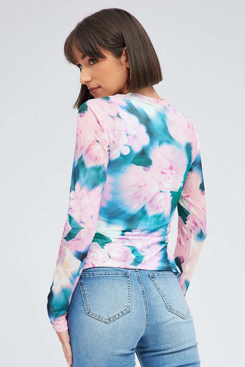 Pink Abstract Top Long Sleeve Crew Neck Longline Ruched Mesh