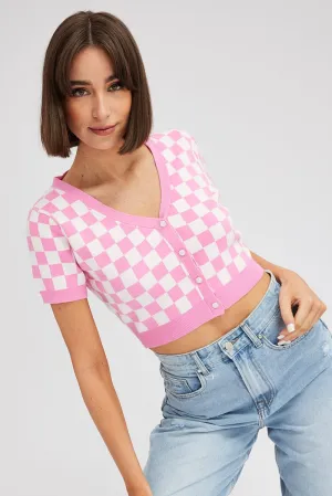 Pink Check Knit Cardigan Short sleeve