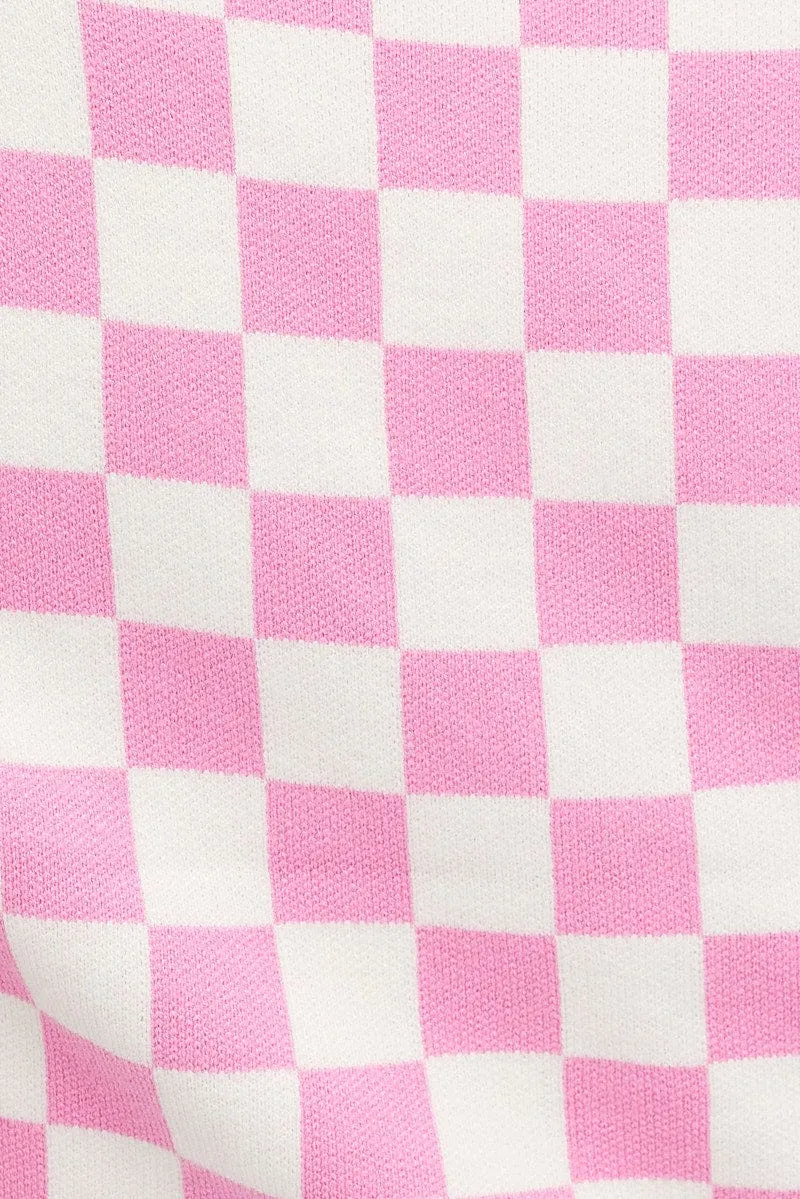 Pink Check Knit Cardigan Short sleeve