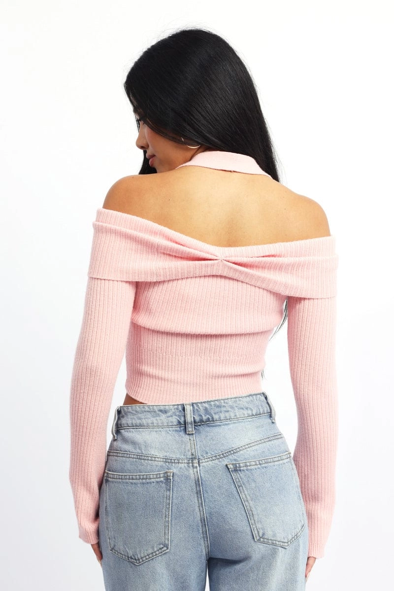 Pink Knit Top Long Sleeve Off Shoulder Halter